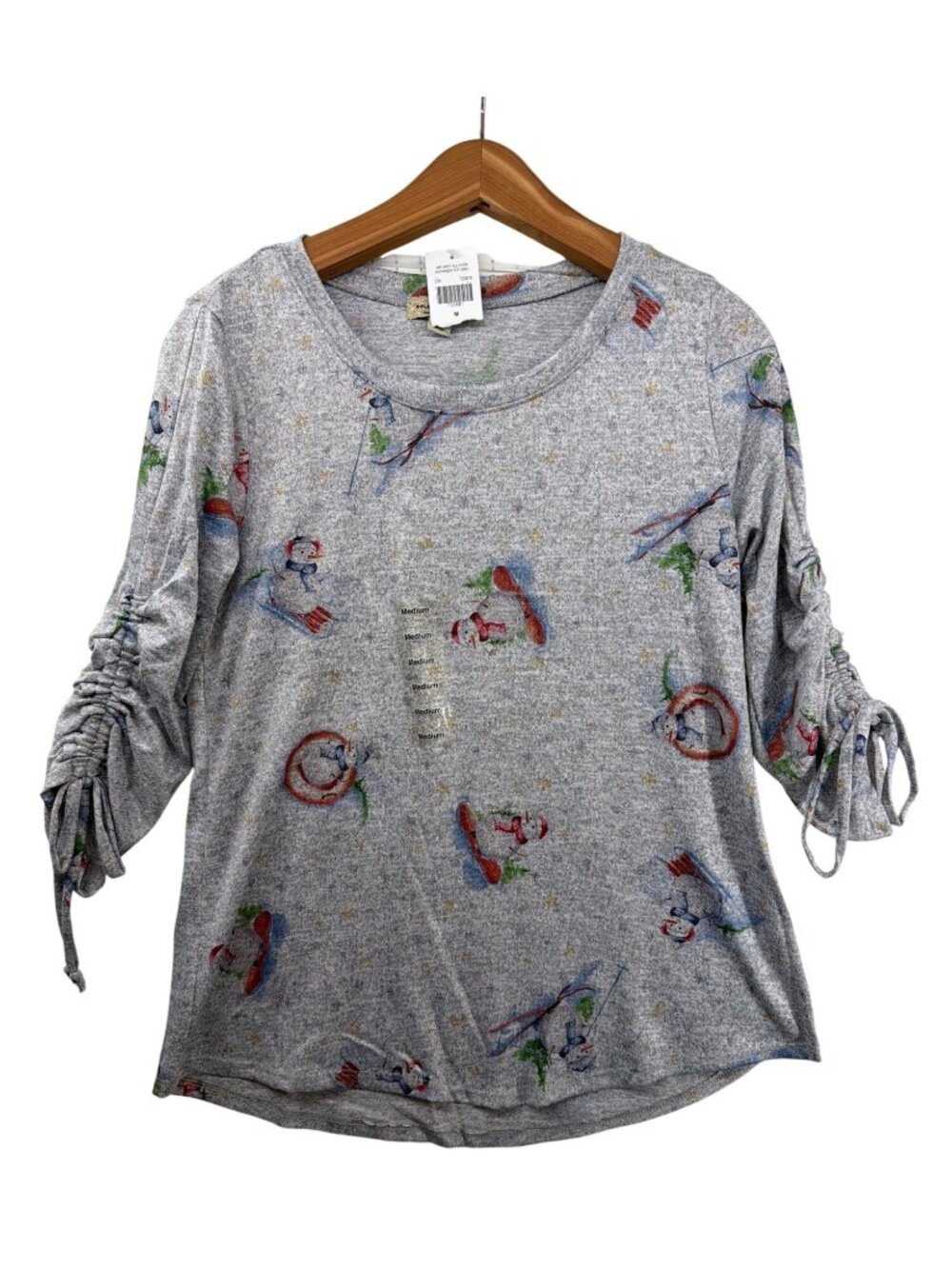 One World Live & Let Live Women Top Sz M Gray Snowman Novelty Winter Stretch NWT